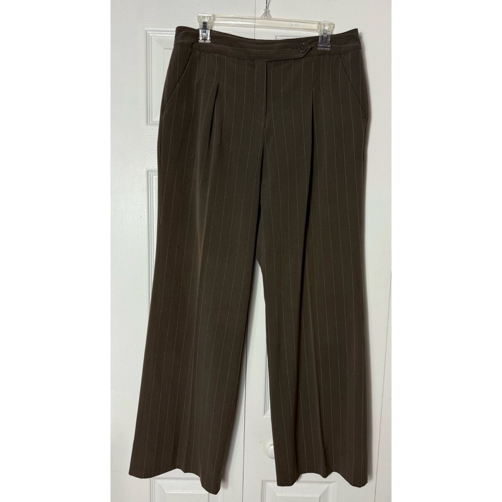 Larry Levine Brown Pinstripe Tailored Dress Pants Stretch Straight Leg Petite 12